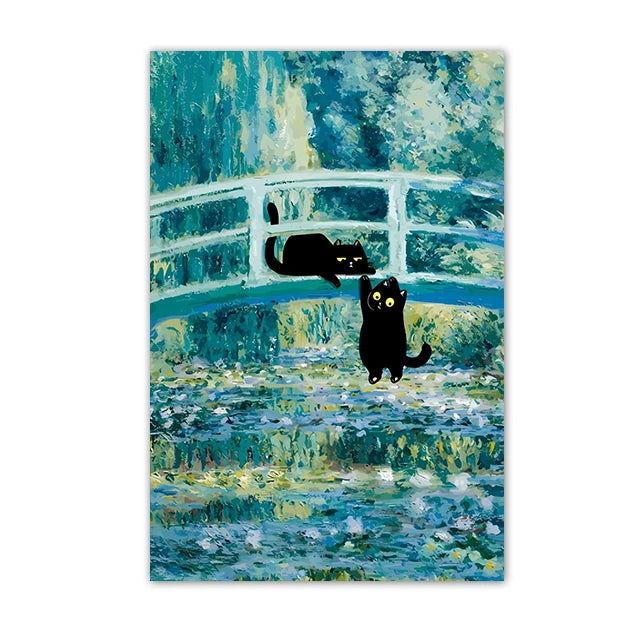 Funny Black Cat Wall Art Van Gogh Starry Night Poster Abstract Famous Reproduction Canvas Painting Aesthetic Room Home Decor