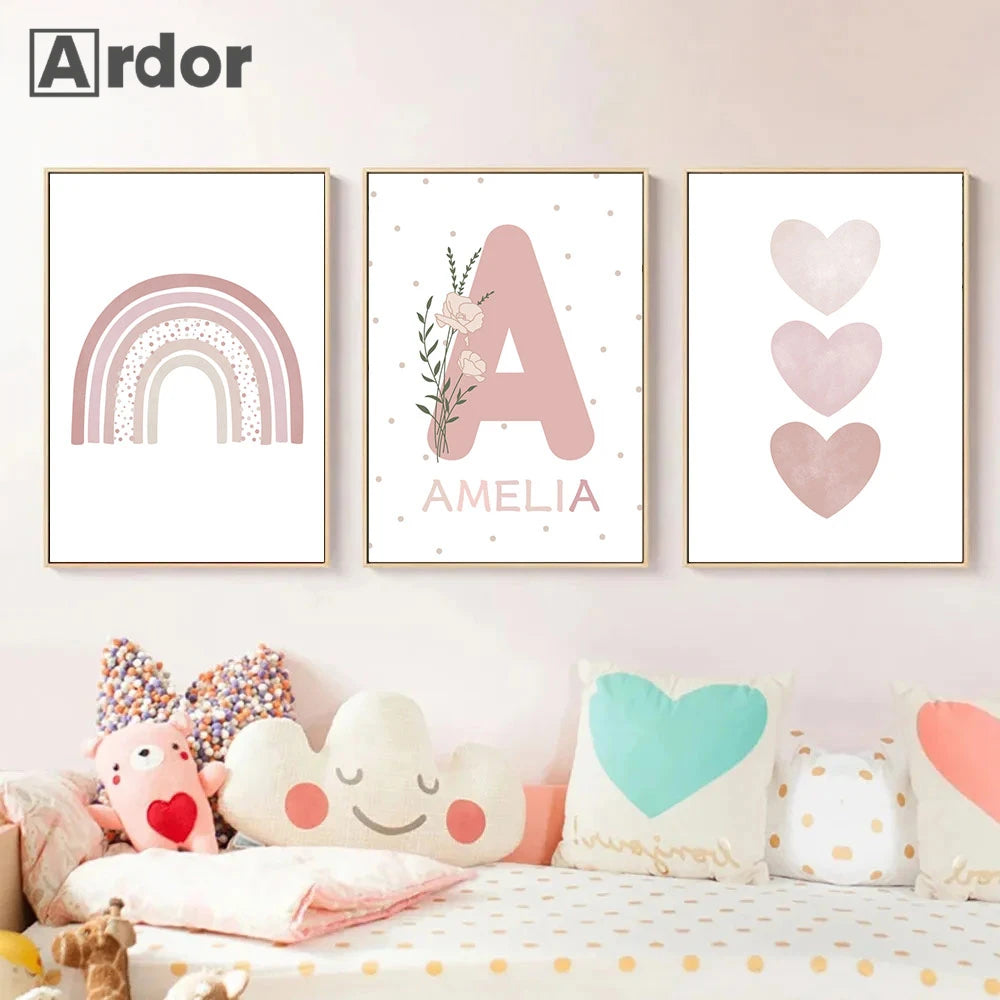 Pink Heart Nursery Poster Sun Daisy Butterfly Rainbow Wall Art Canvas Painting Personalized Name Print Pictures Girl Room Decor
