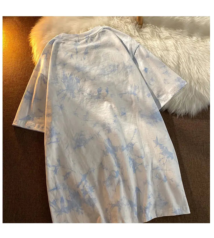Tie-dye Embroidery Letter Short Sleeve Top Korean Popular Trendy Female T-shirt Summer New 2024 Fashion Y2K Tops