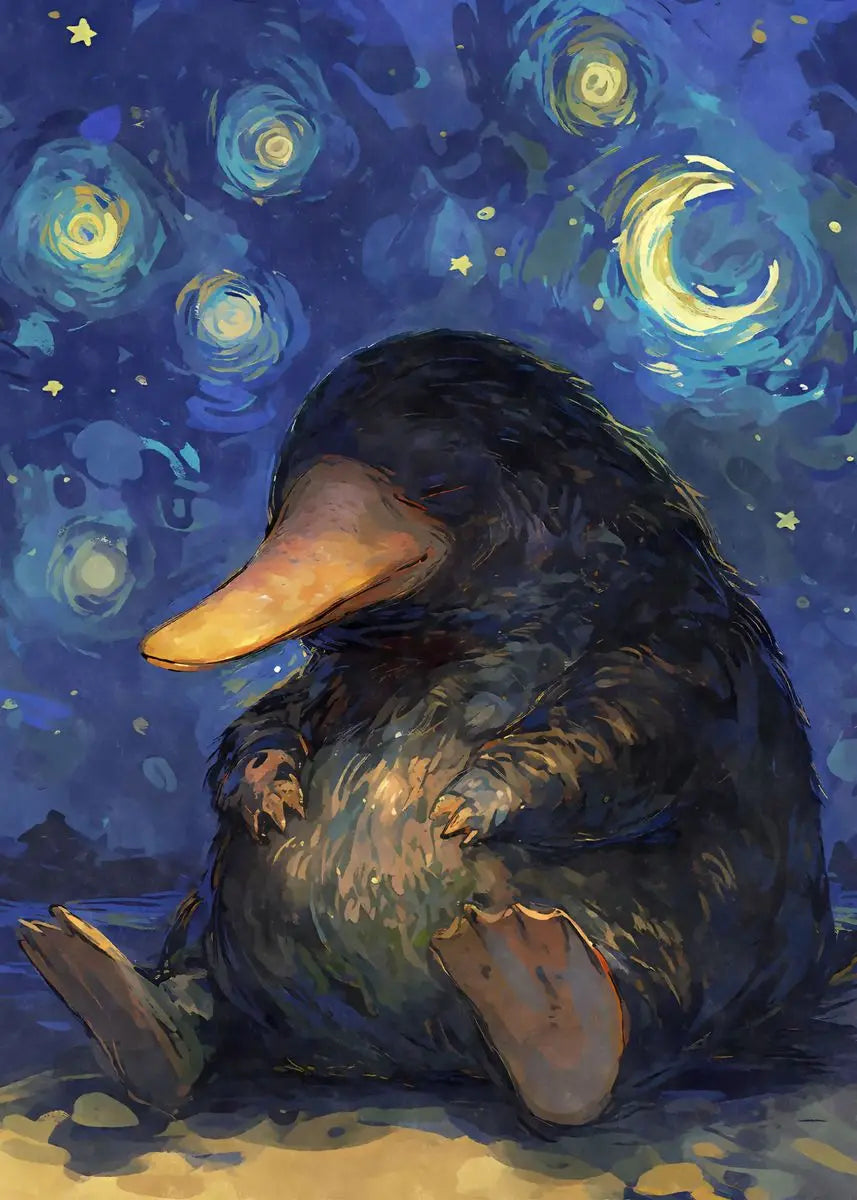Starry Night Cute Animals Poster Cat Dog Axolotl Platypus Canvas Painting Abstract Wall Art Exhibition Living Room Home Decor