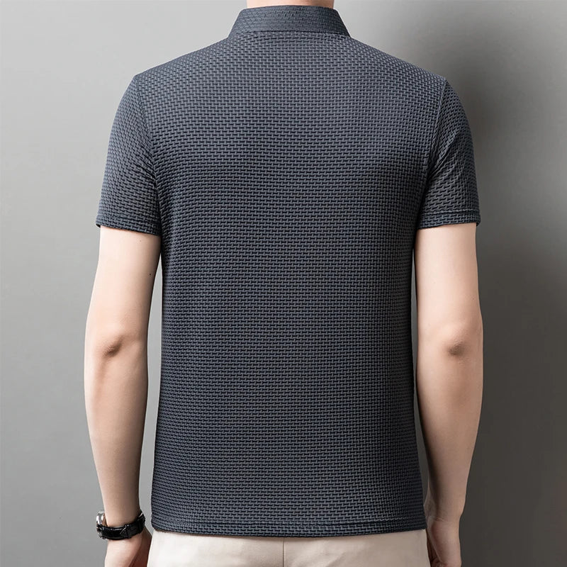 2025 Men's Business Casual Short Sleeved Bone Flower Solid Color POLO Shirt Fashion Breathable Comfortable Summer Versatile Top