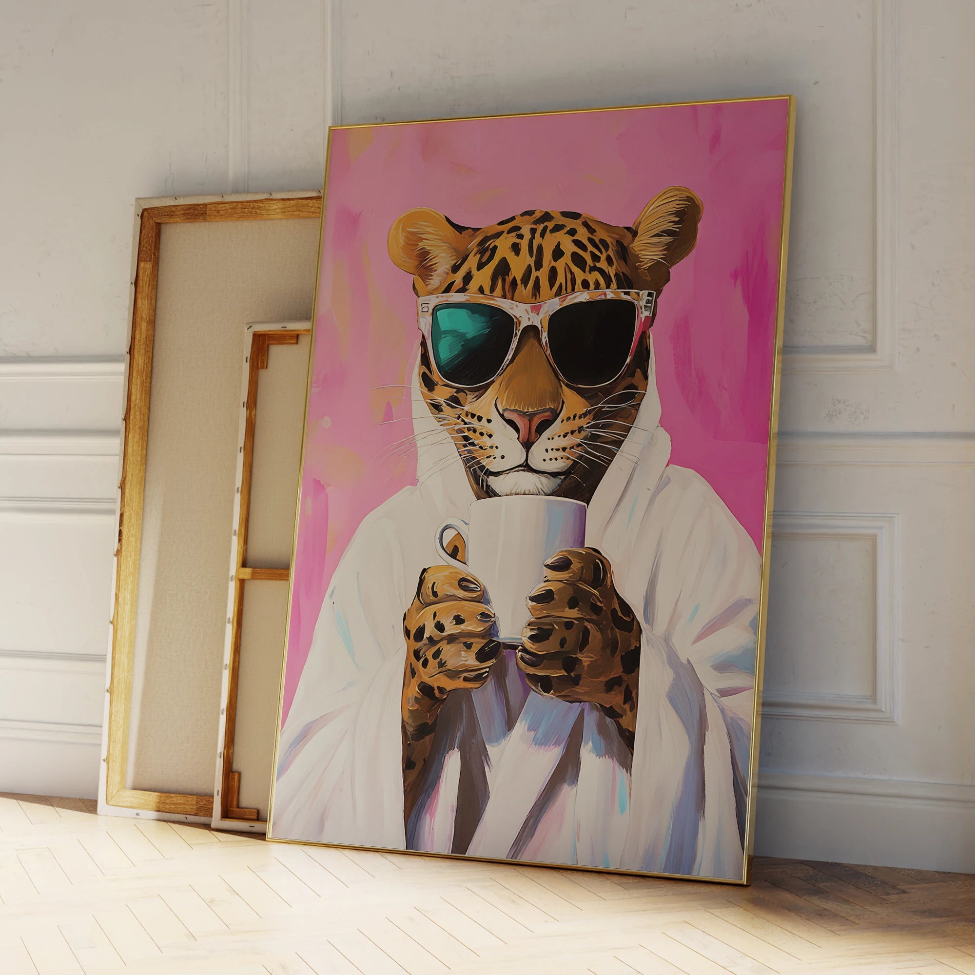 Modern Pink Leopard Print Drinks Coffee Dopamine Wall Art Prints Canvas Painting Poster Picture For Living Room Home Decor