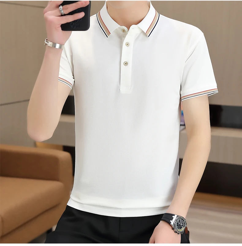 2025 Summer Casual Super Stretch Polo T-Shirt Men Turn Down Collar Slim Fit Solid Color Golf Top For Men Plus Size 4XL