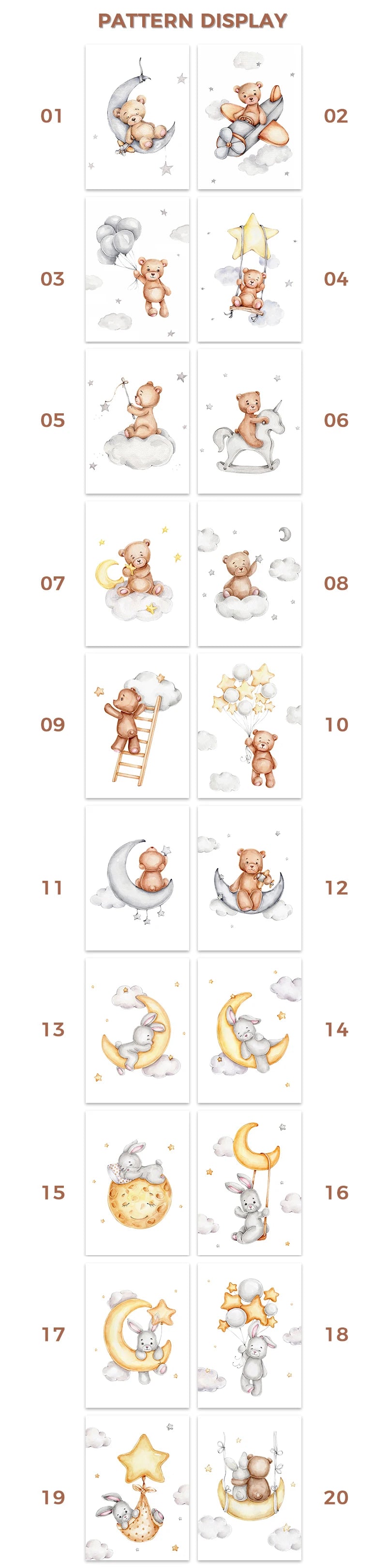 Watercolor Cute Teddy Bear and Rabbit Nursery Wall Art Posters and Prints Canvas Paintings Mural Pictures for Baby and Kids Room
