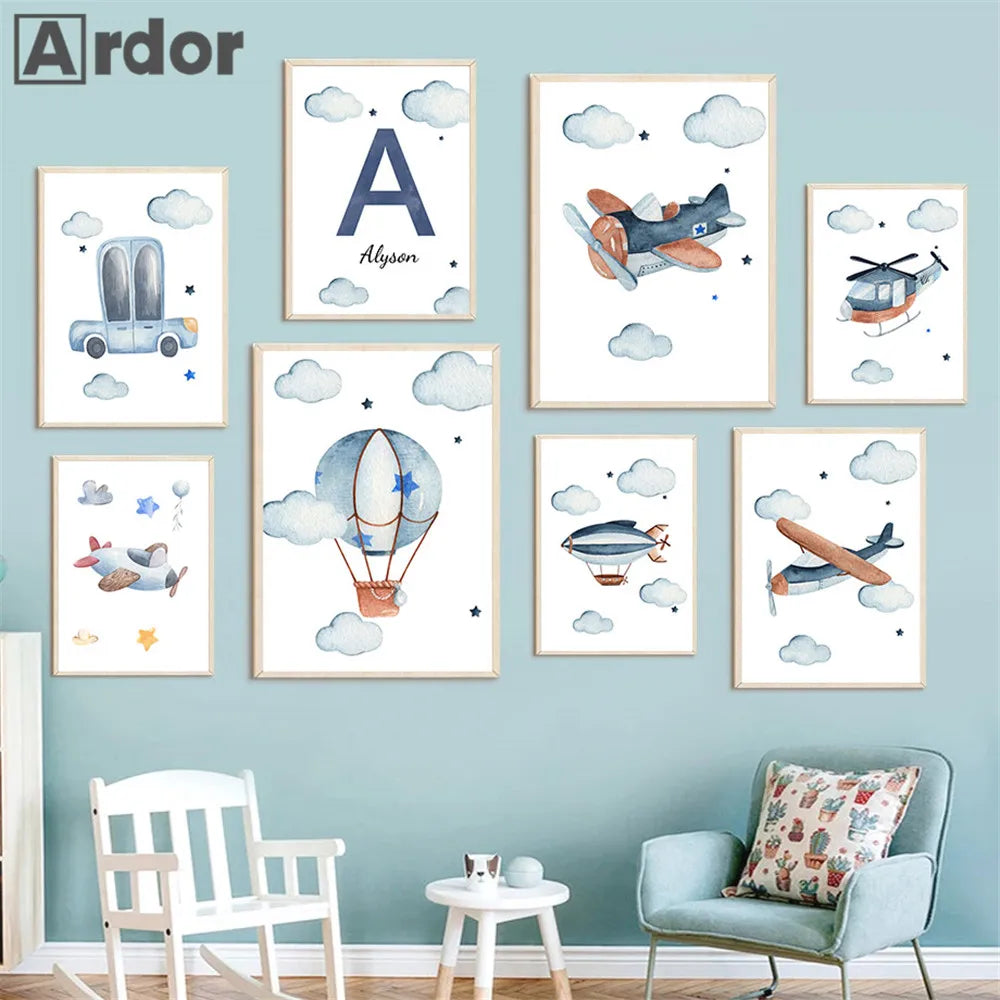 Hot Air Balloon Canvas Poster Custom Name Art Painting Blue Helicopter Plane Print Pictures Nursery Wall Posters Kids Room Decor