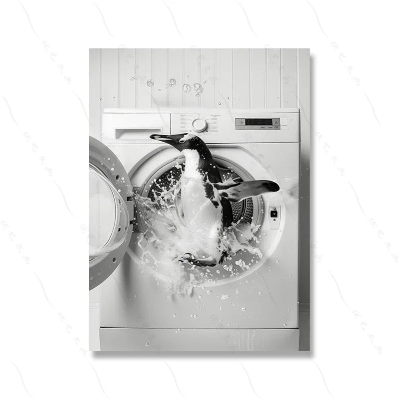 Cute Giraffe Penguin Tiger in Washing Machine Poster Laundry Room Decor Picture Funny Laundry Wall Art Utility Room Print Canvas