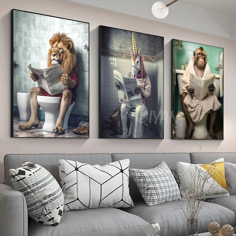 Funny Bathroom Humorous Animal Poster Self-adhesive Art Waterproof Paper Sticker Coffee House Bar Room Wall Decor
