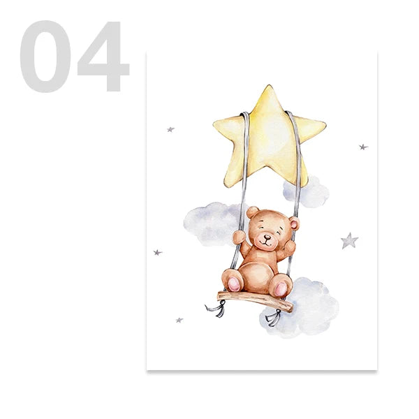 Watercolor Cute Teddy Bear and Rabbit Nursery Wall Art Posters and Prints Canvas Paintings Mural Pictures for Baby and Kids Room