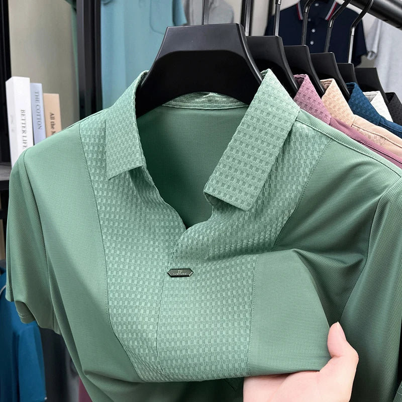 Personality jacquard splicing short sleeve Polo shirt men ice silk breathable high quality fashionable buttonless V-neck T-shirt