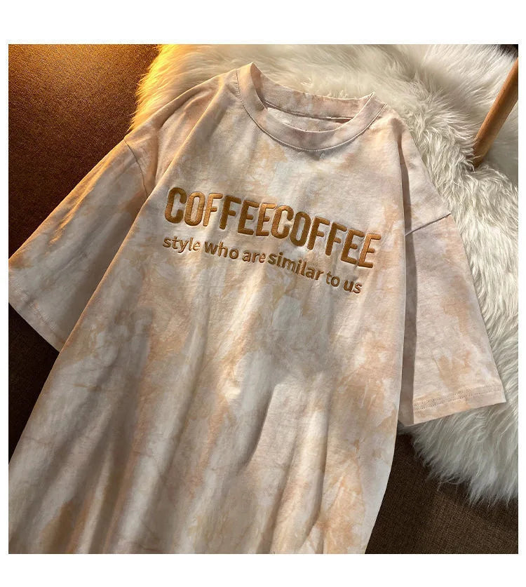 Tie-dye Embroidery Letter Short Sleeve Top Korean Popular Trendy Female T-shirt Summer New 2024 Fashion Y2K Tops
