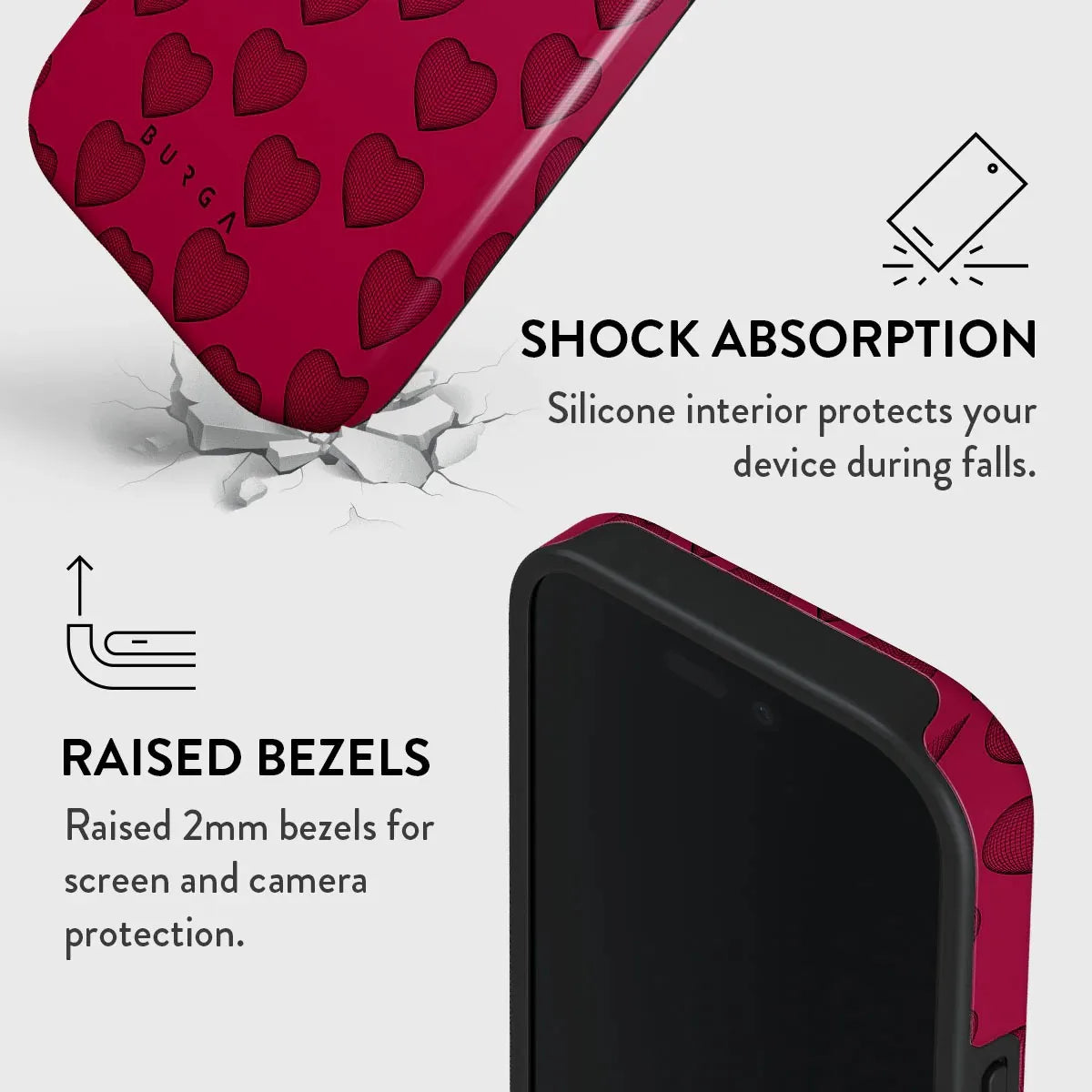 Red Love Heart BURGA Phone Case for iPhone 16 15 14 13 12 11 X XS XR XSMAX 7 8 Pro Max Plus Luxury Double-layer Back Cover