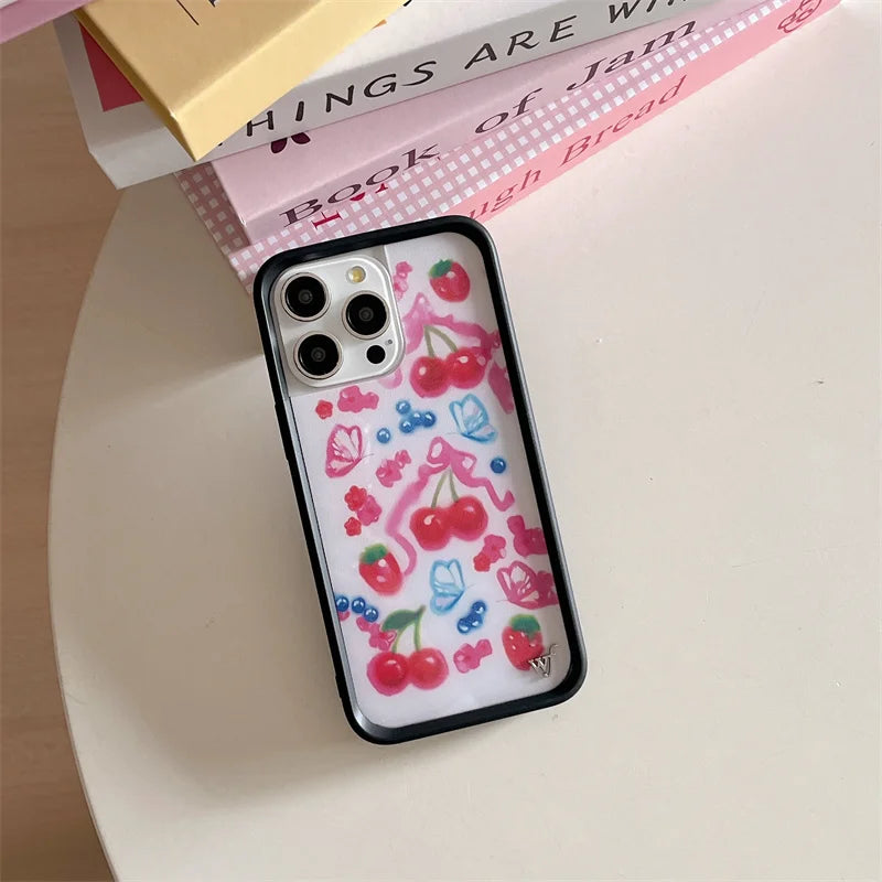Wildflower 3D Ins Strawberry cherry Phone Case for iPhone 16 15 14 13 12 Pro Max Plus 16pro 15pro WF Cute Cartoon Cover Funda