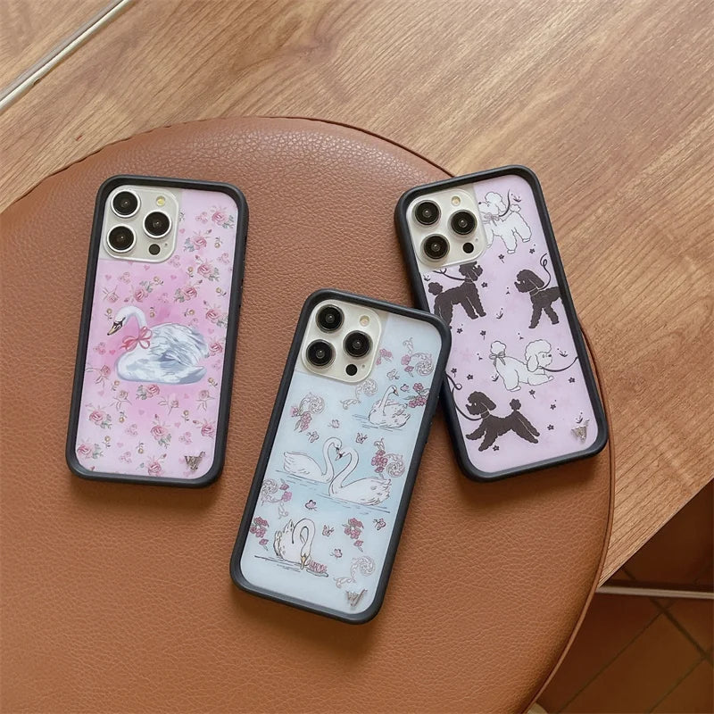 Wildflower 3D Sweet Swan Lake Phone Case for iPhone 16 15 14 13 12 Pro Max Plus 16pro 15pro Ins Puppy WF Cute Cartoon Cover