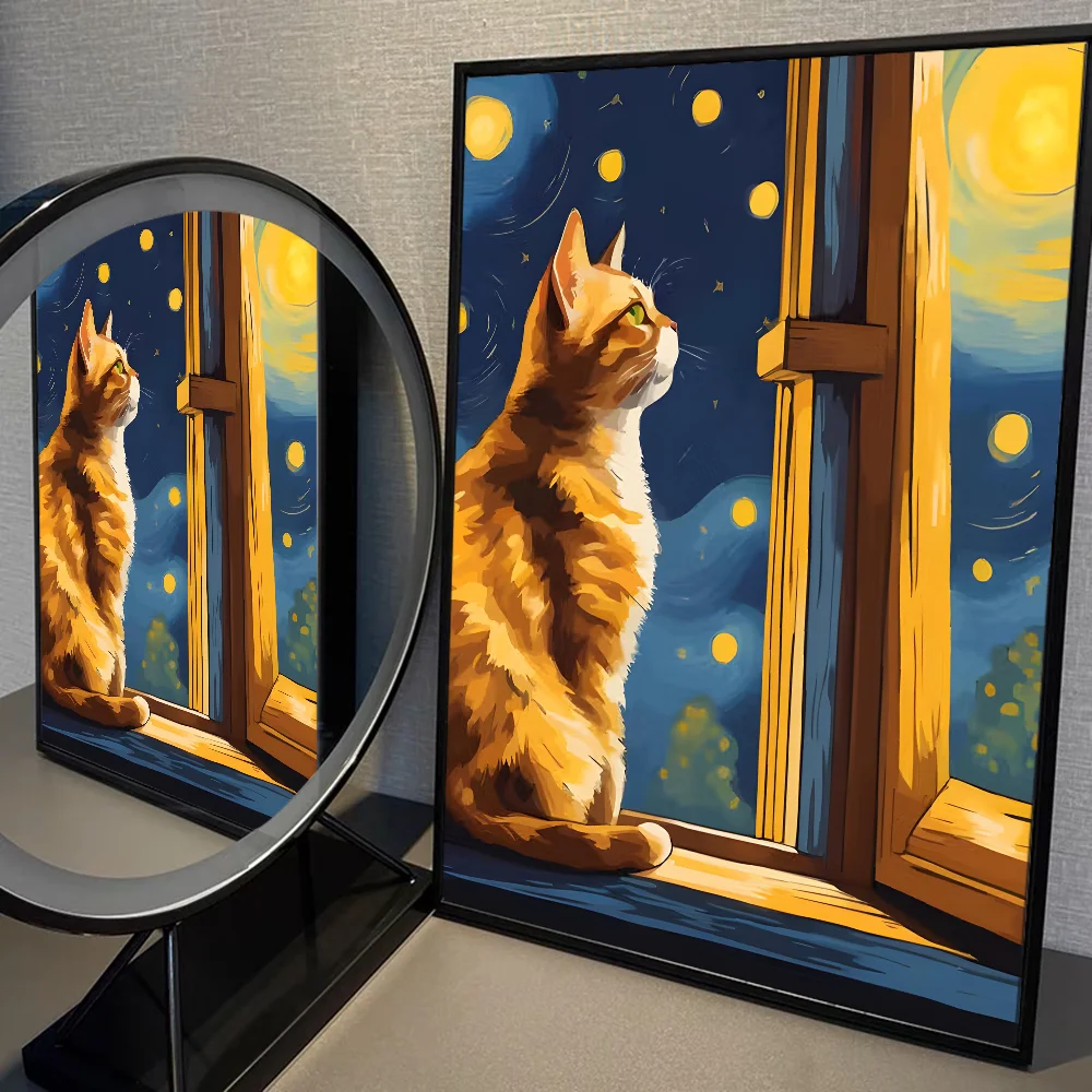 Van Gogh The Starry Night Romantic Black Cat WhitePaper Poster Sticker for Living Room Bar Decorants Aesthetic Art Wall Painting