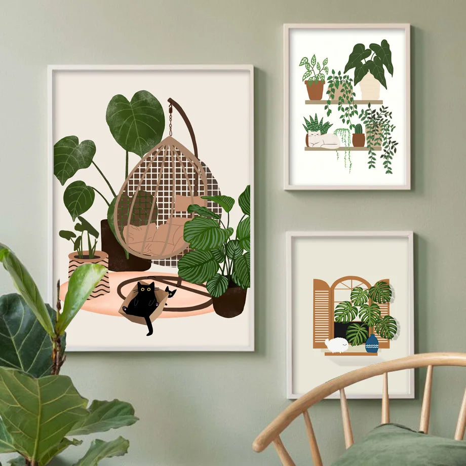 Abstract Green Plants Black Cat Wall Art Canvas Painting Aesthetics Posters And Prints Wall Pictures For Boho Living Room Decor