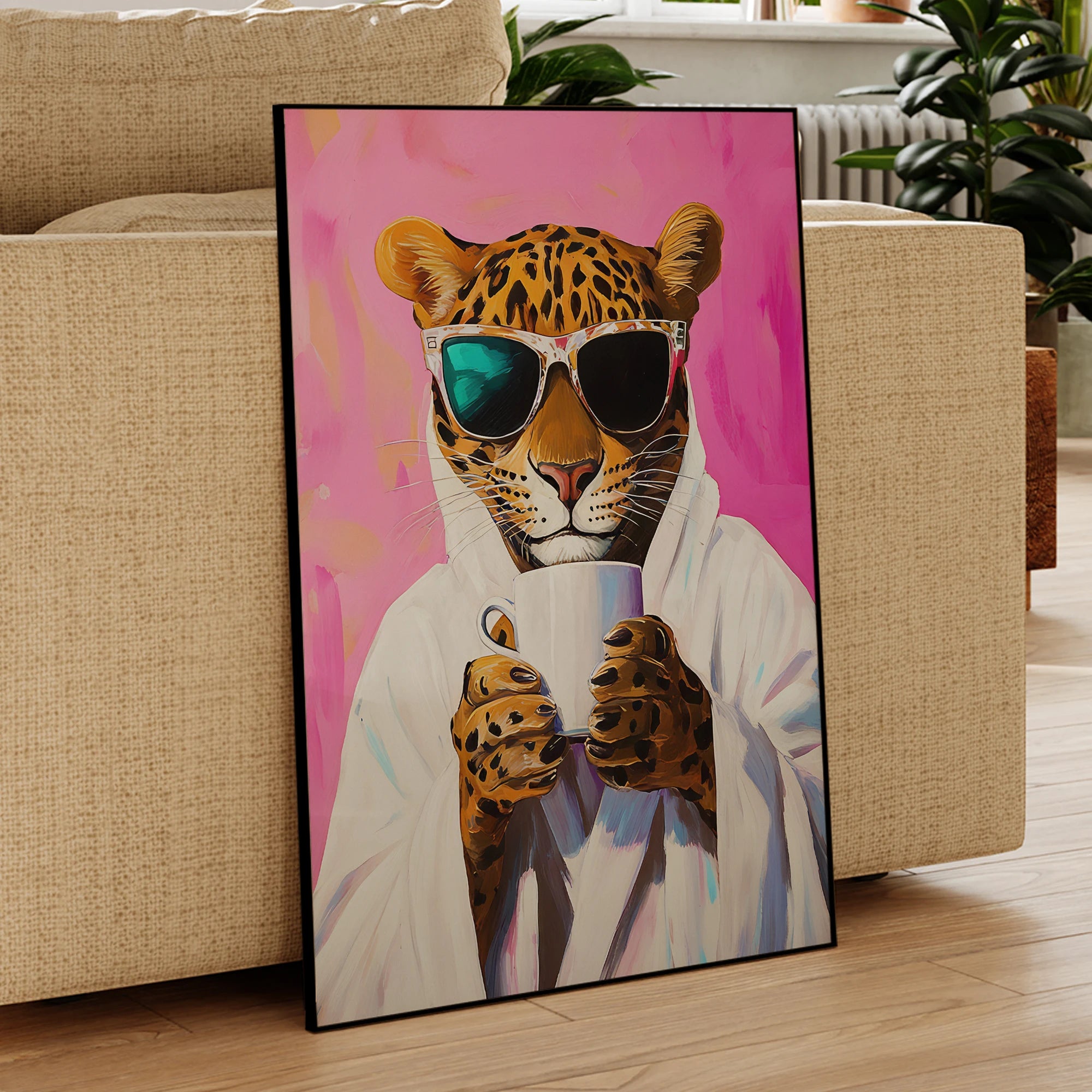 Modern Pink Leopard Print Drinks Coffee Dopamine Wall Art Prints Canvas Painting Poster Picture For Living Room Home Decor