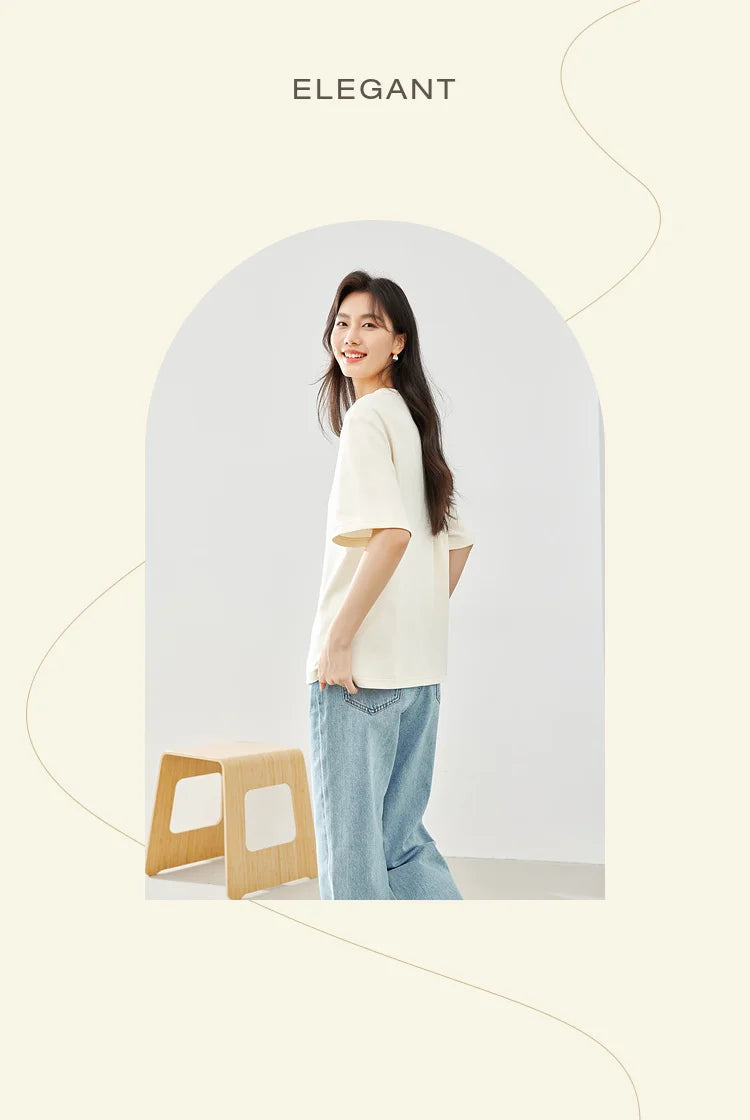 Vimly Summer Short Sleeve Women's T-shirt Simple Round Neck Straight Loose Casual Embroidery Cotton Top Basic Tees M5617