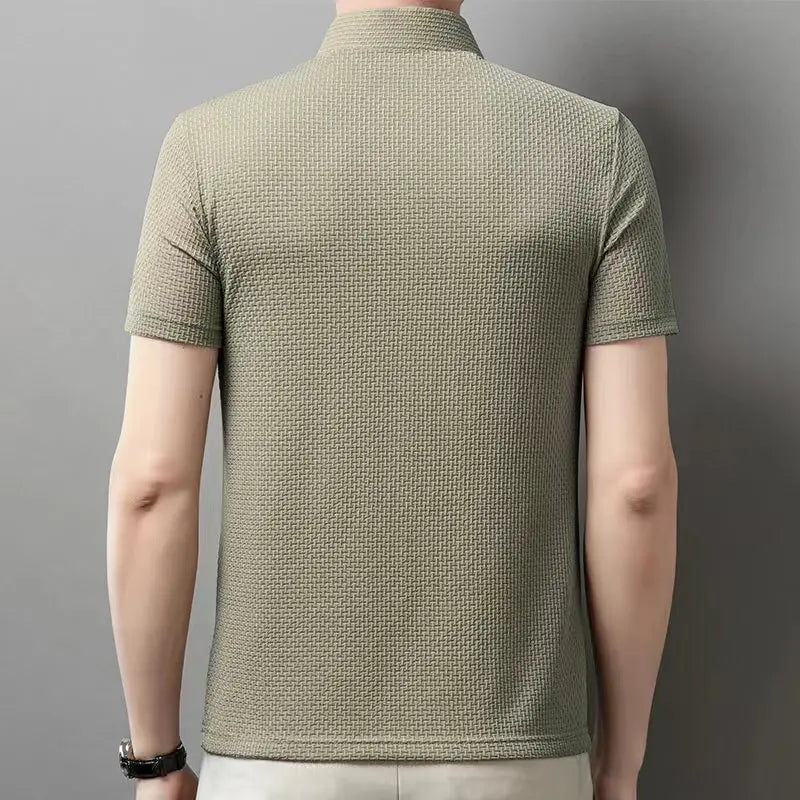 2025 Men's Business Casual Short Sleeved Bone Flower Solid Color POLO Shirt Fashion Breathable Comfortable Summer Versatile Top