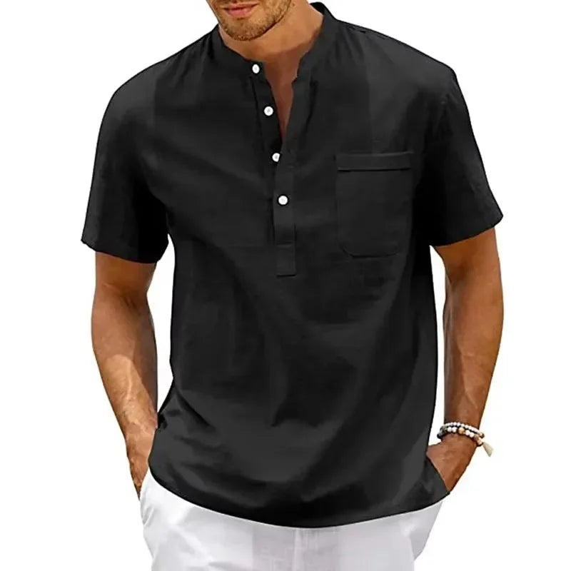 Summer Men's Short Sleeve Cotton Polo Shirts Solid Color Stand Loose Pullover Shirts Thin Soft Breathable Button T-shirt Top