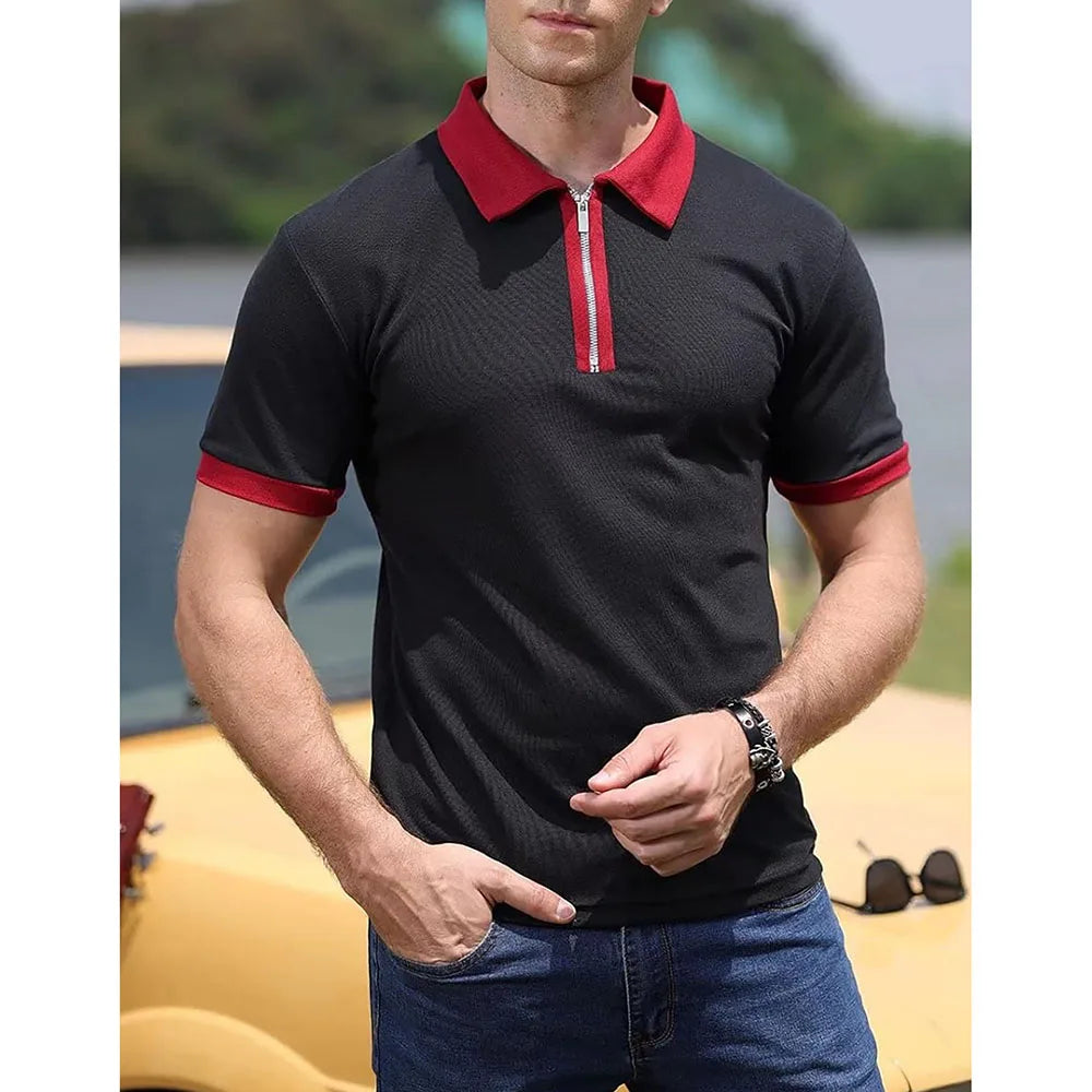 Summer Men's Polo Shirt Contrast Color Half Zipper Turn-down Collar Breathable Short Sleeve Tops Male Casual T-shirts