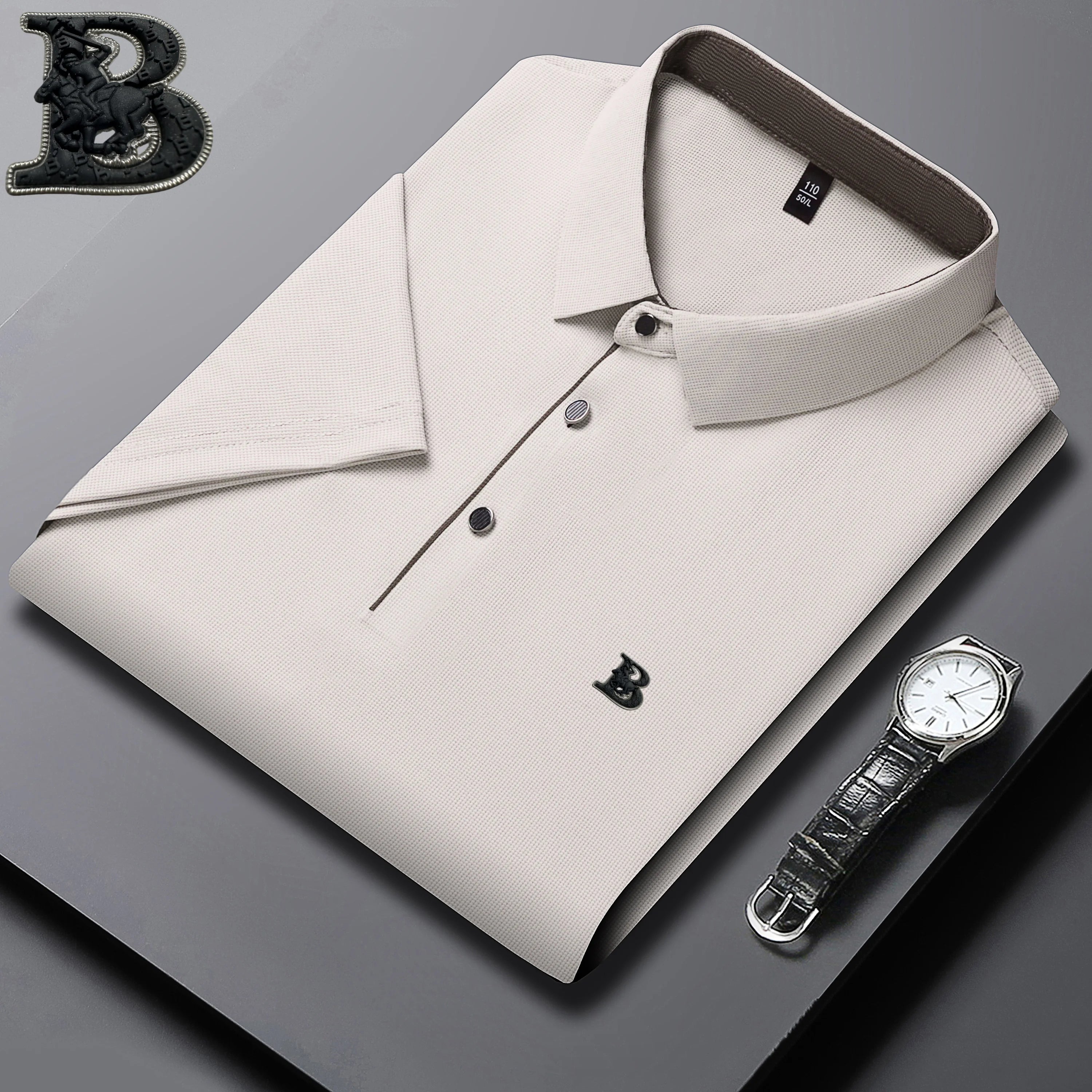 New Summer Men's Elastic Breathable Short Sleeve Designer Luxury Embossed Polo Shirt Fashionable Slimming Business Casual Tshirt