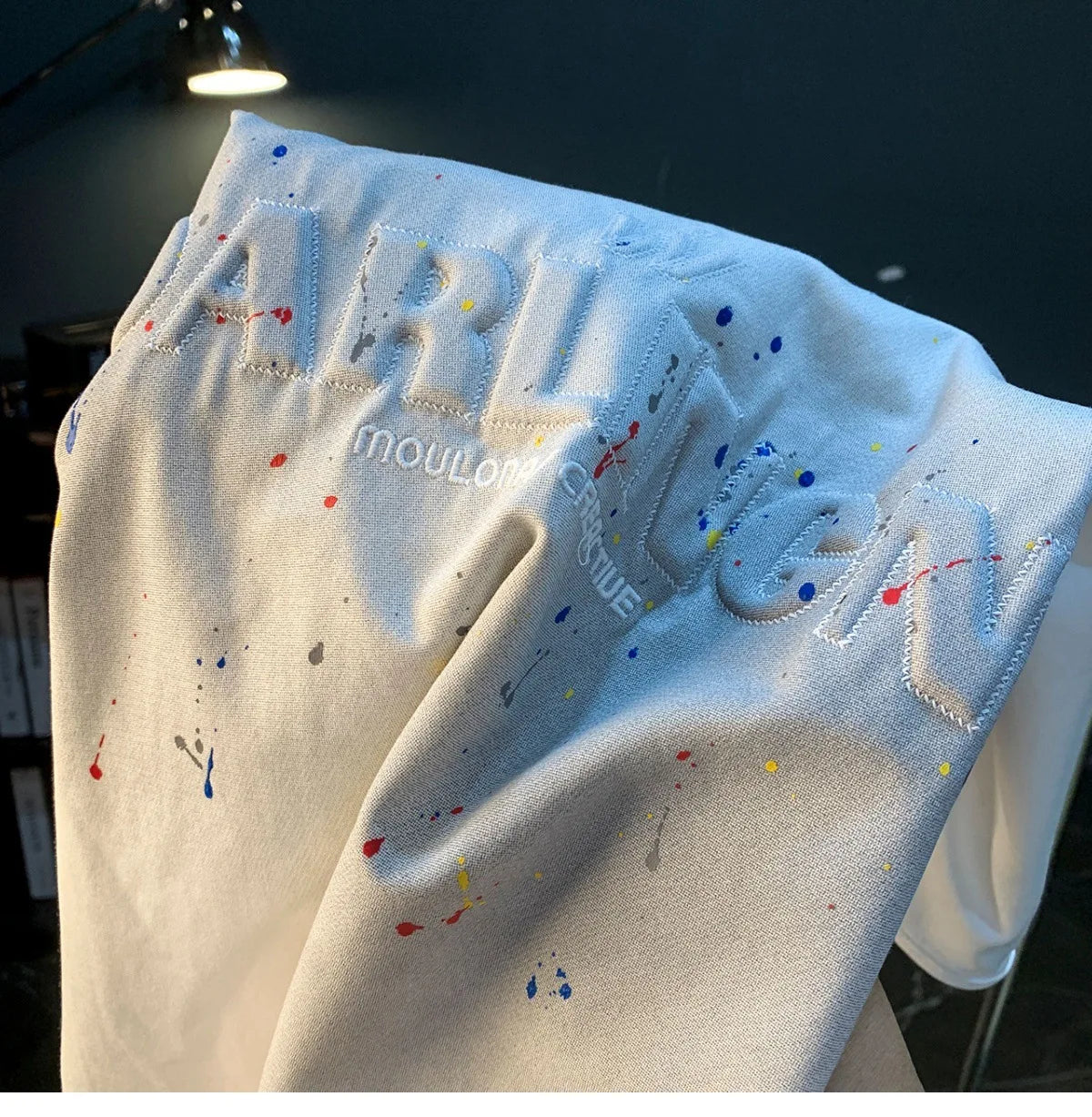 2025 Summer thin fashion high-end printed T-shirt men's 2025 trend embroidered paint splashed short sleeved top