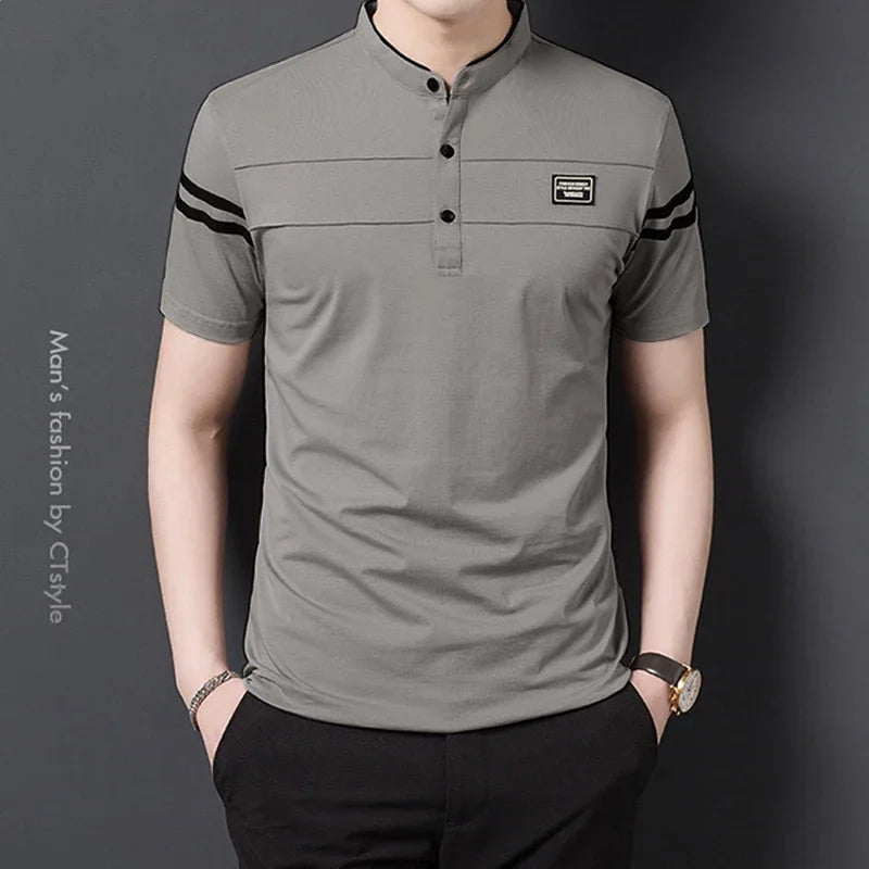 2025 Men's Casual Fashion Solid Color Short Sleeved Polo Shirt Stand Up Collar Versatile Comfortable Top