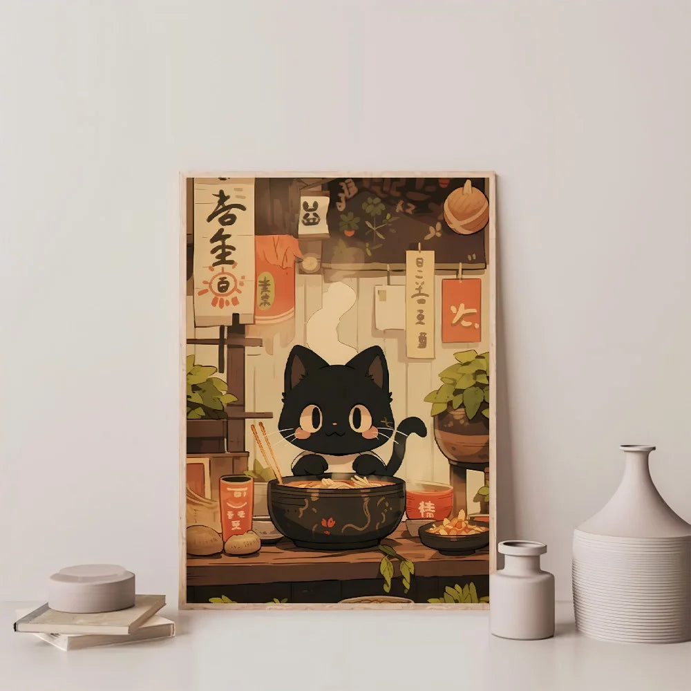 1pc Hot Style Kawaii Japanese Ramen Animal Cat Poster HD Posters Home Room Bar Cafe Decor Art Wall Painting Picture