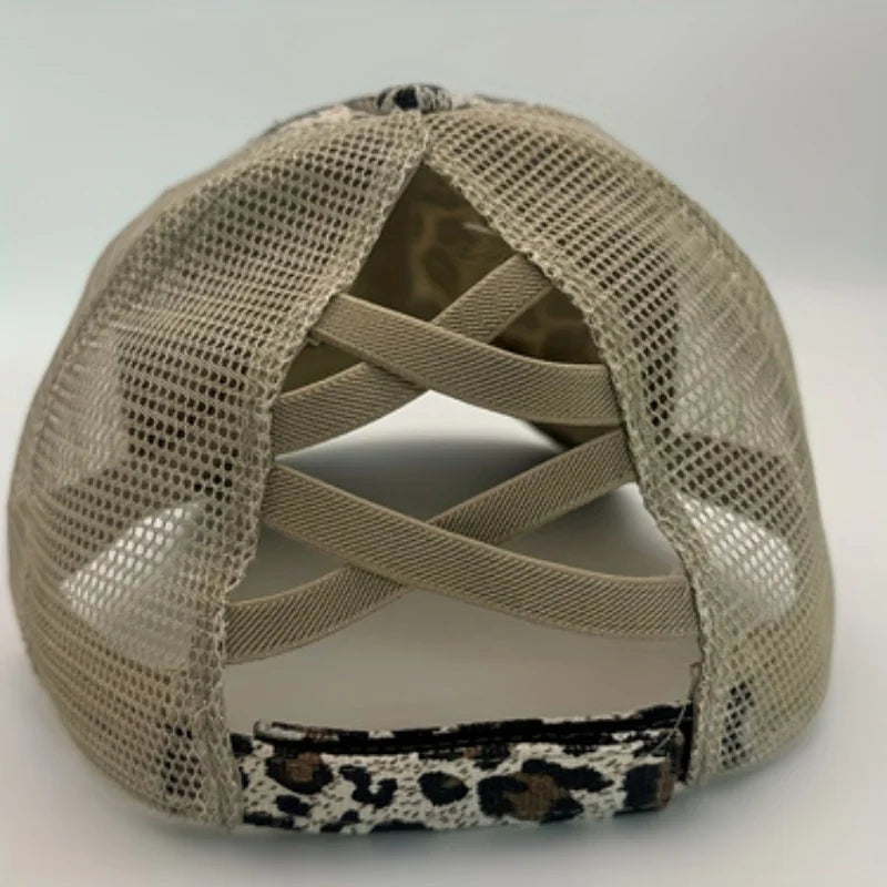 Leopard Print Baseball Cap, Stylish Ponytail Hole, Breathable Mesh Back, Adjustable Trucker Hat for Women - Perfect for Street