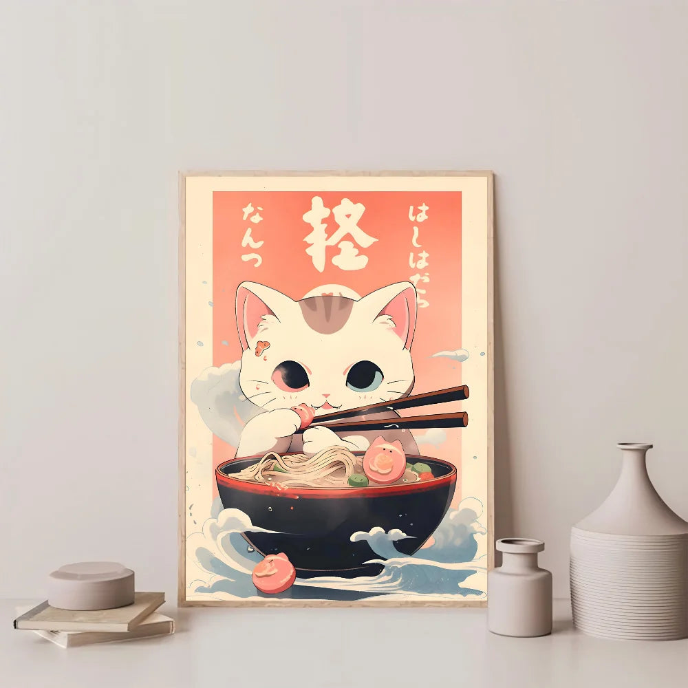 1pc Hot Style Kawaii Japanese Ramen Animal Cat Poster HD Posters Home Room Bar Cafe Decor Art Wall Painting Picture