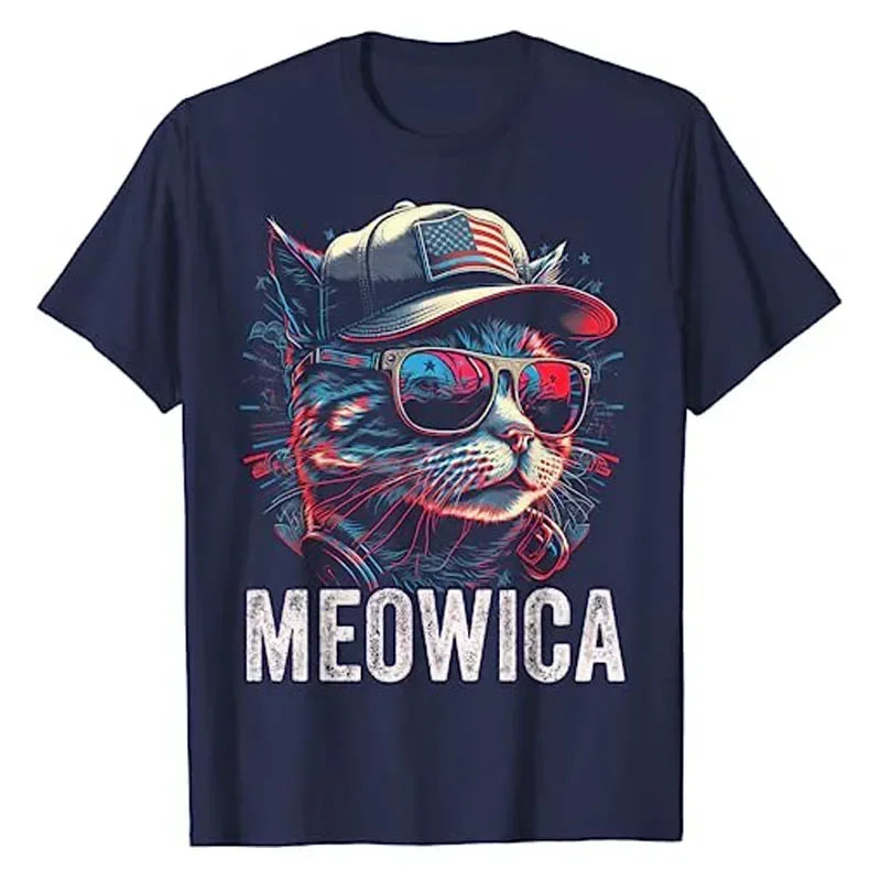 Meowica 4th of July Cat American Flag America USA Funny T-Shirt Kitty Lover Patriotic Graphic Tee Tops Independence Day Apparel