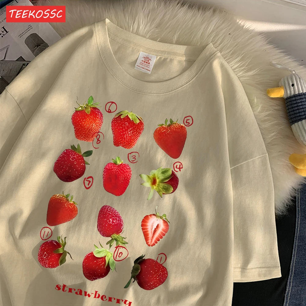 100% Cotton Women T-shirt Cute Fresh Strawberries Printed Tee Shirt Summer Comfortable Loose Tops Street Fashion Female Clothes