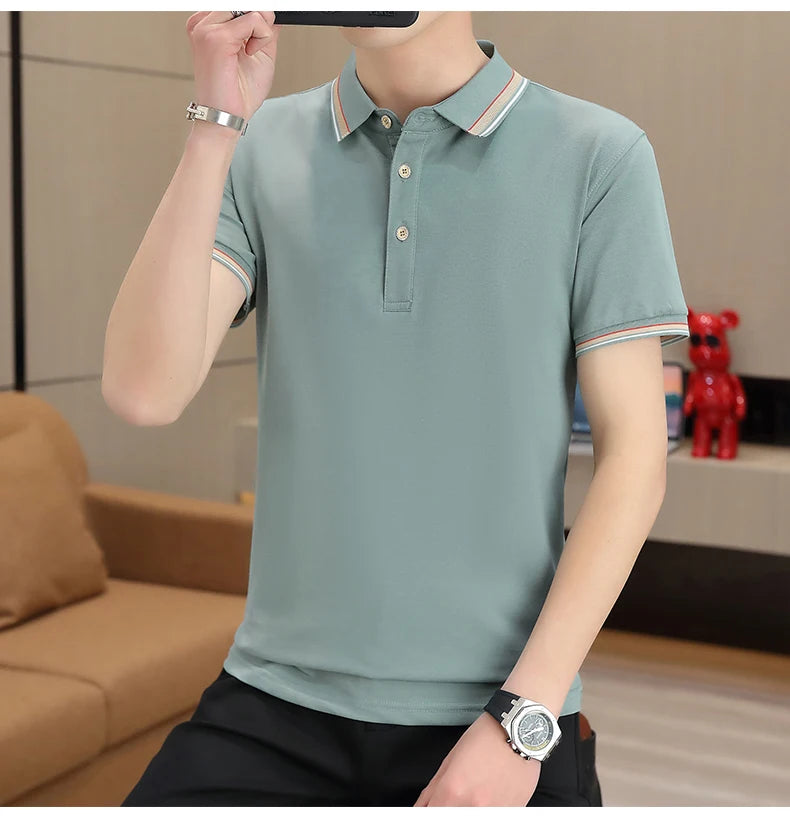 2025 Summer Casual Super Stretch Polo T-Shirt Men Turn Down Collar Slim Fit Solid Color Golf Top For Men Plus Size 4XL