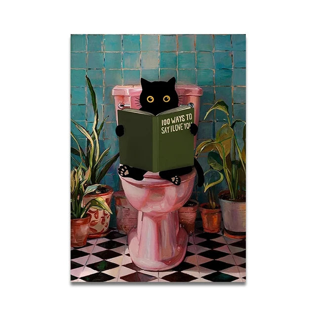 Bathroom Cat Reading on Toilet Canvas Wall Art Print Poster Funny Animal Decor Painting Home Decor Gift Unframed