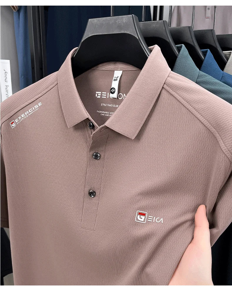 Luxury fashion men's short sleeve polo shirt summer new trend brand symbol embossed silky smooth loose breathable lapel T-shirt