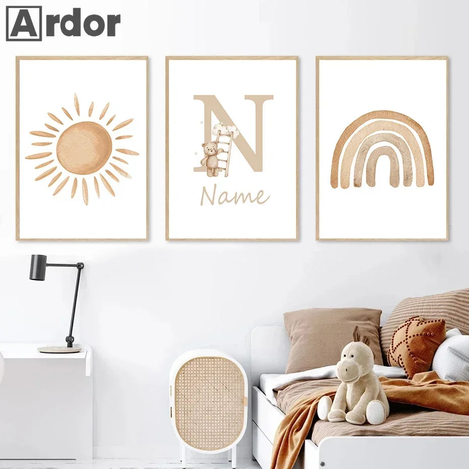 Custom Name Nursery Poster Bear Hot Air Balloon Wall Art Prints Boho Rainbow Sun Canvas Painting Pictures Baby Kids Room Dear
