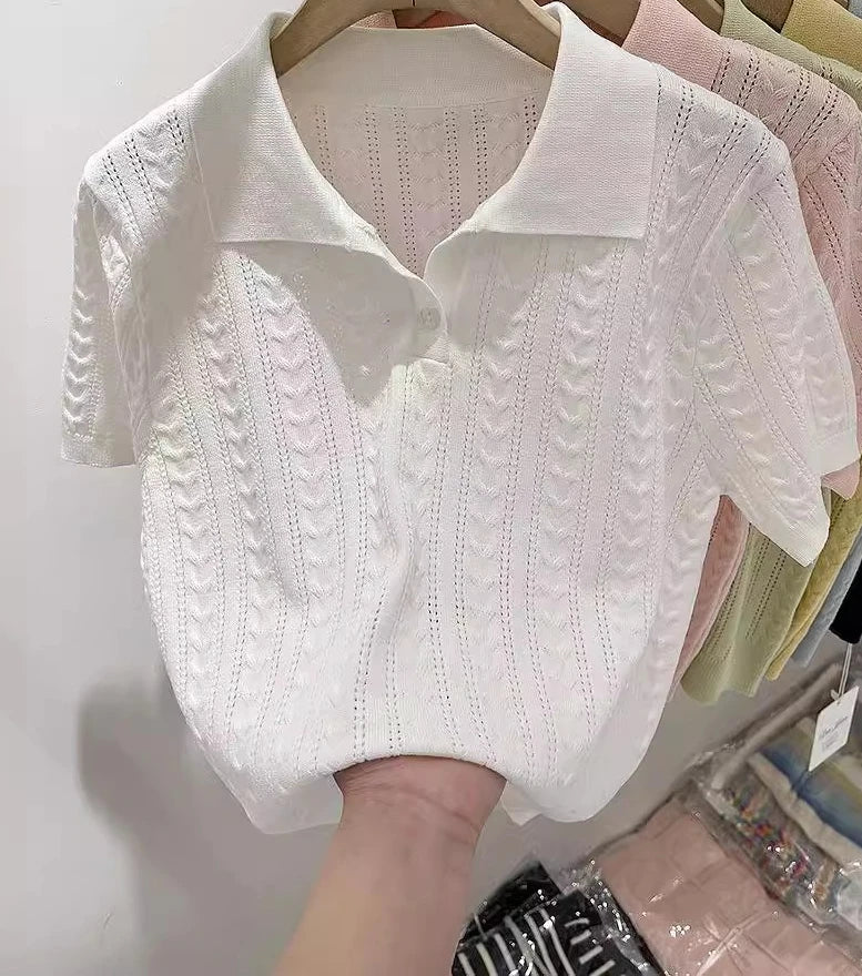 Summer Soft and Sticky POLO Collar Ice Silk Knitted Sweater for Women with A Niche Short Sleeved Design and Thin Top