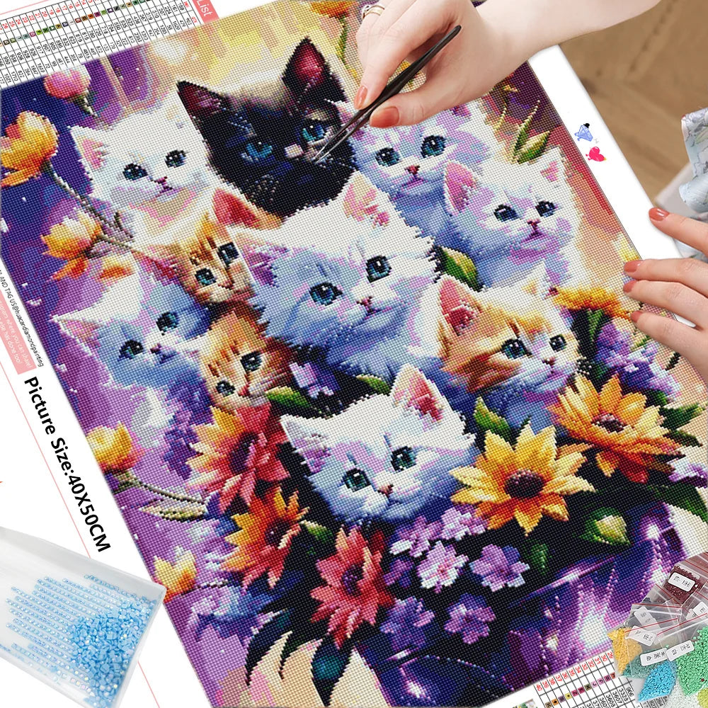 HUACAN Full Square Round Diamond Mosaic Cat Embroidery Picture Rhinestones Animal Painting Flower New Arrival Handmade Gift