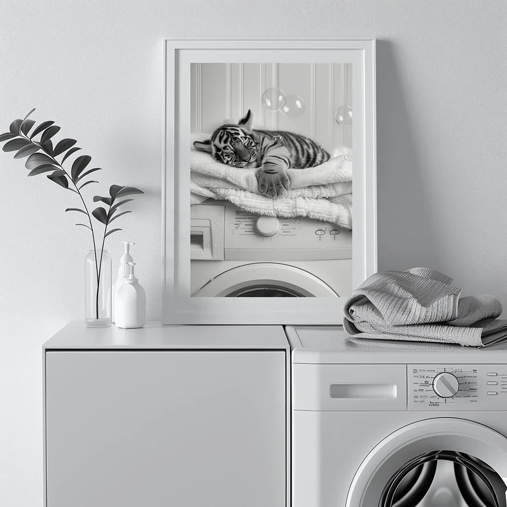 Cute Giraffe Penguin Tiger in Washing Machine Poster Laundry Room Decor Picture Funny Laundry Wall Art Utility Room Print Canvas