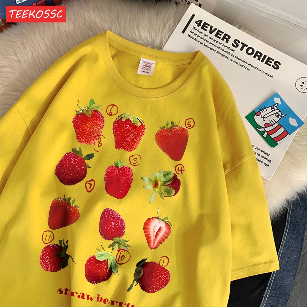 100% Cotton Women T-shirt Cute Fresh Strawberries Printed Tee Shirt Summer Comfortable Loose Tops Street Fashion Female Clothes