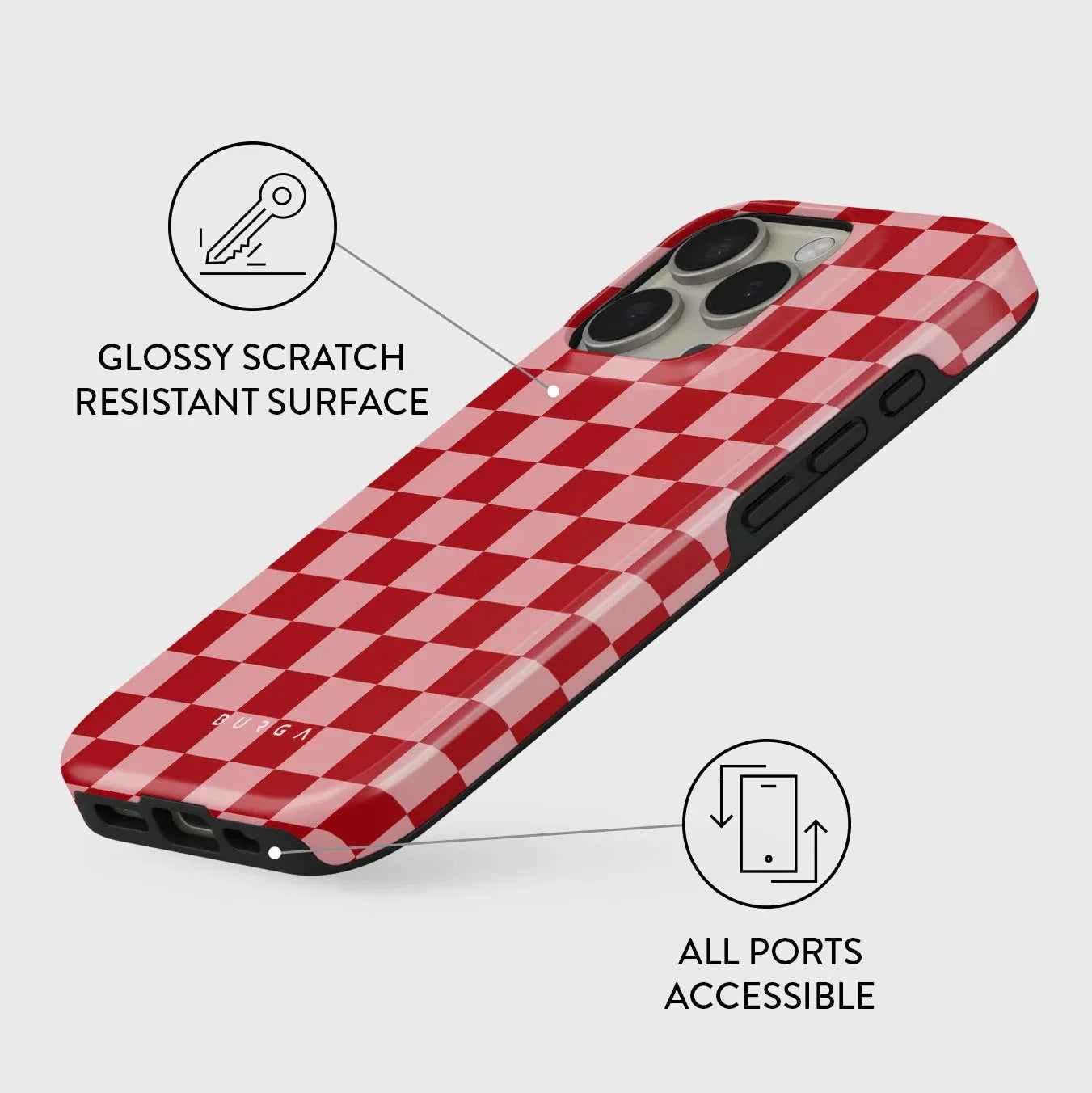 Red Plaid BURGA Phone Case for iPhone 16 15 14 13 12 11 X XS XR XSMAX 7 8 Pro Max Plus Luxury Double-layer Back Cover