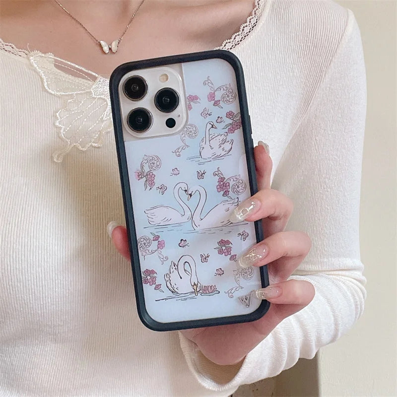 Wildflower 3D Sweet Swan Lake Phone Case for iPhone 16 15 14 13 12 Pro Max Plus 16pro 15pro Ins Puppy WF Cute Cartoon Cover
