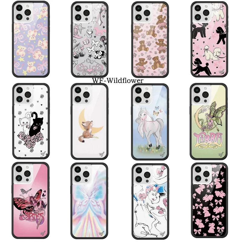 Wildflower Cartoon Cute Animal Cat Puppy Butterfly Horse Phone Case For iPhone 13 14 15 16 Pro Max WF Lovely Dancing Bear Cover