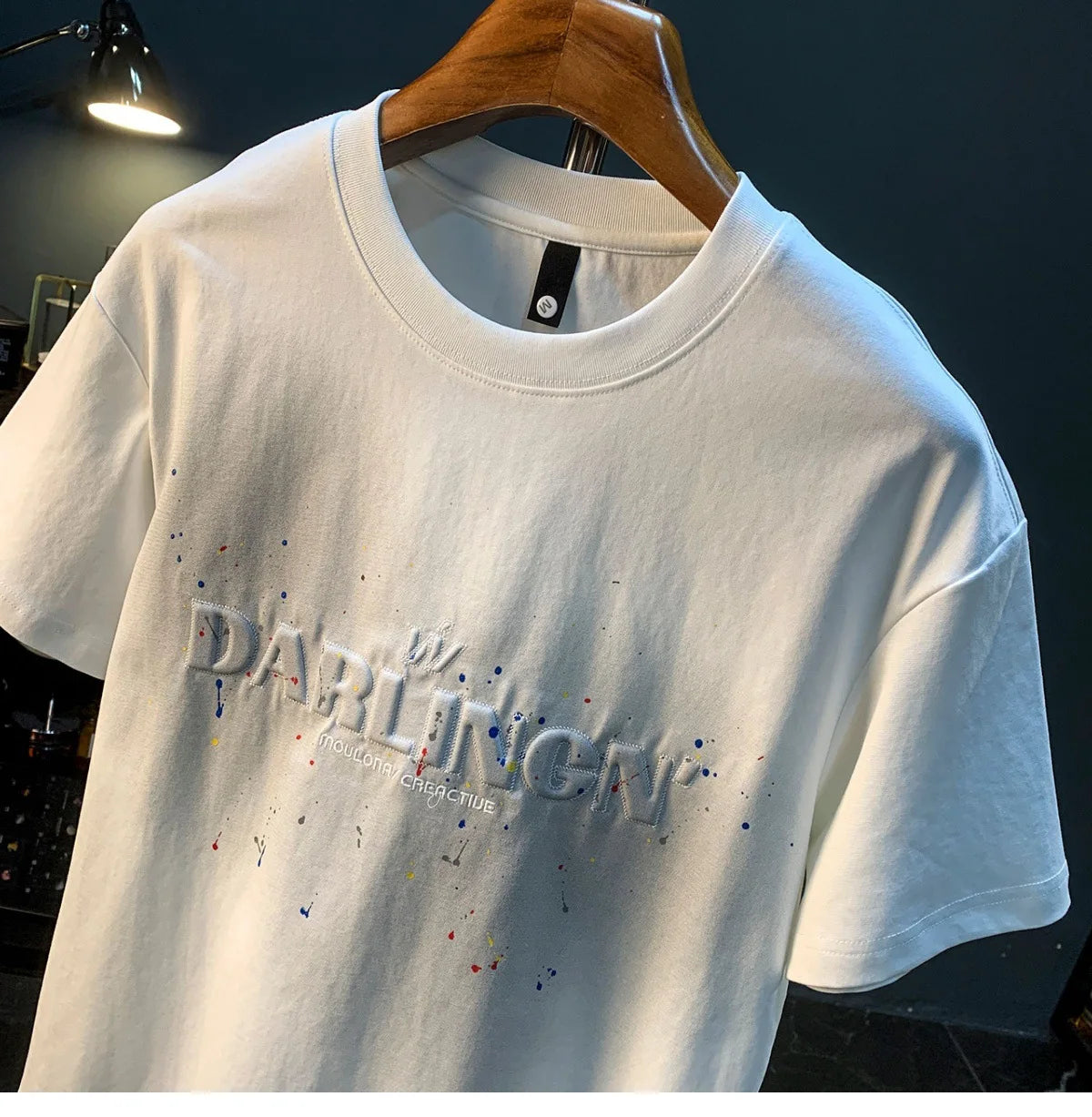 2025 Summer thin fashion high-end printed T-shirt men's 2025 trend embroidered paint splashed short sleeved top