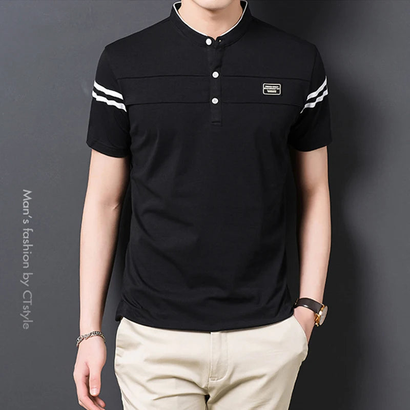 2025 Men's Casual Fashion Solid Color Short Sleeved Polo Shirt Stand Up Collar Versatile Comfortable Top