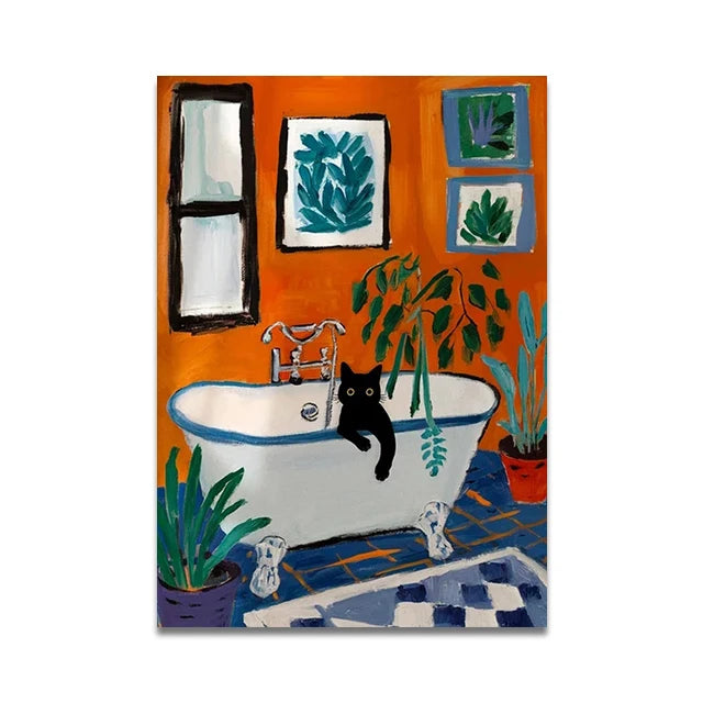 Bathroom Cat Reading on Toilet Canvas Wall Art Print Poster Funny Animal Decor Painting Home Decor Gift Unframed