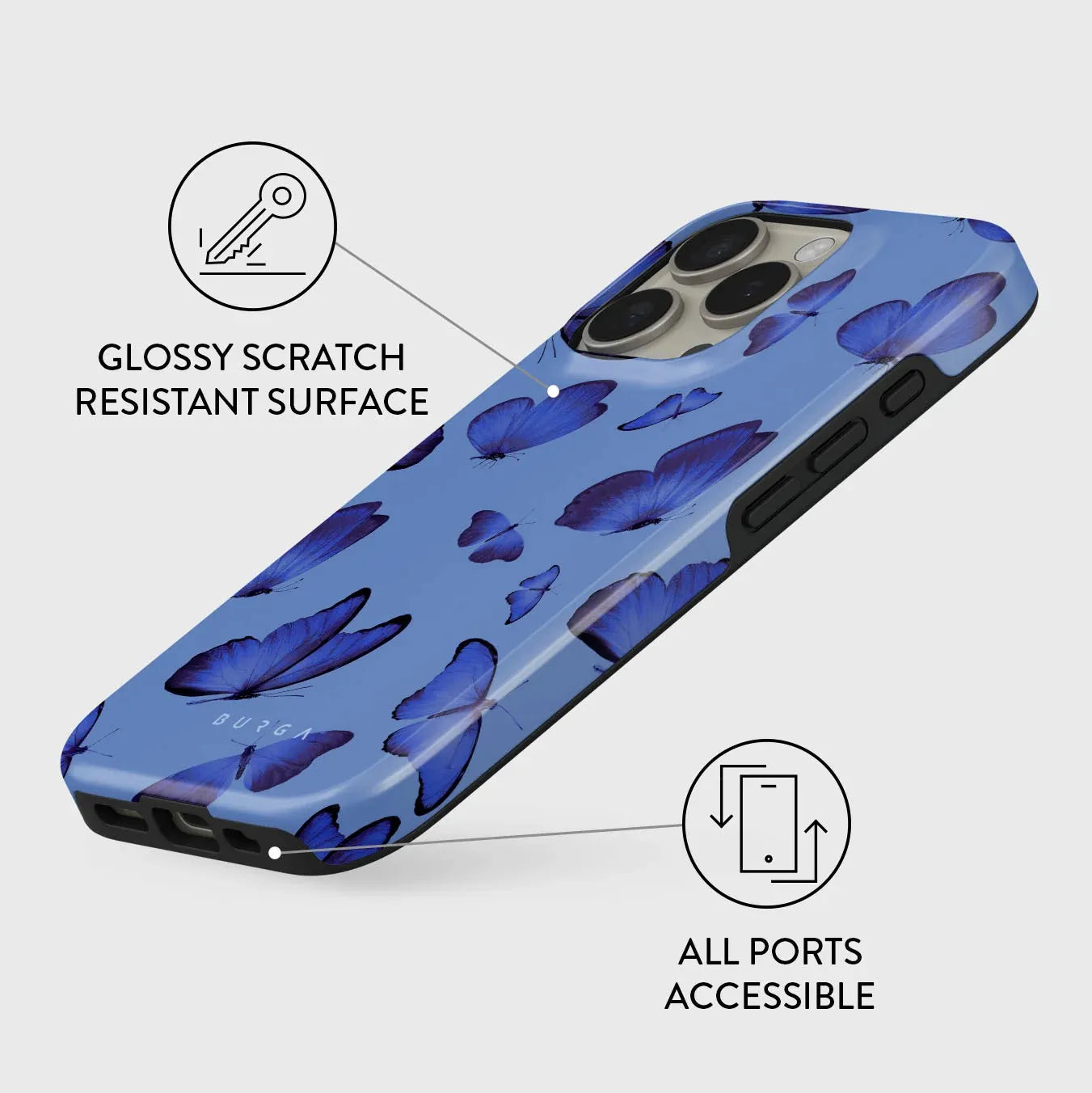 blue Butterfly BURGA Phone Case for iPhone 16 15 14 13 12 11 X XS XR XSMAX 7 8 Pro Max Plus Luxury Double-layer Back Cover