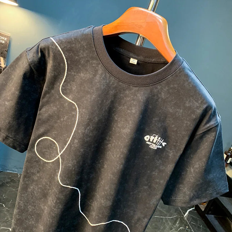 Embroidered printed short sleeved T-shirt for men in summer 2025, trendy and loose, snowflake print retro casual top