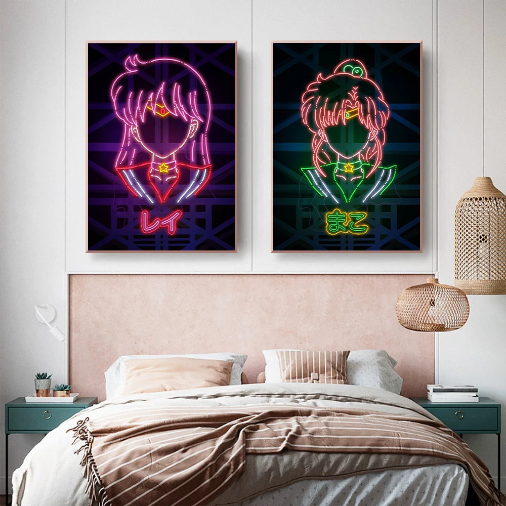 A2 A3 A4 Japanese Anime Neon Poster Sailor Moon Prints Canvas Painting Gamer Character Wall Art Pictures Girls Room Home Decor