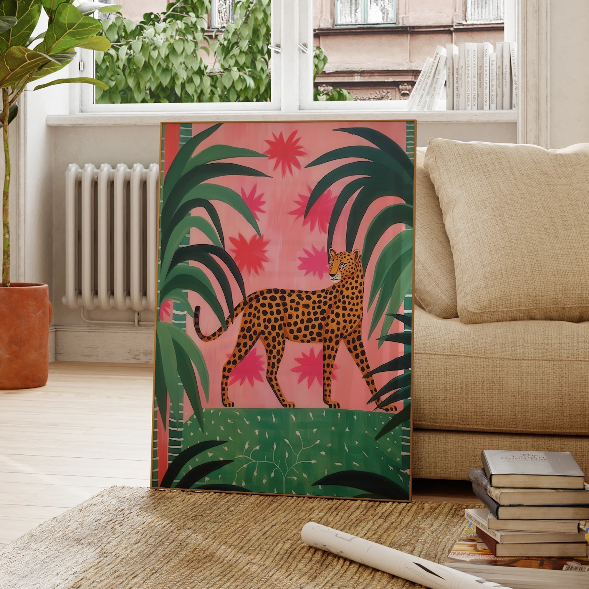 Pink And Green Cheetah In The Jungle Matisse Style Wall Art Prints Canvas Painting Poster Picture For Living Room Home Decor